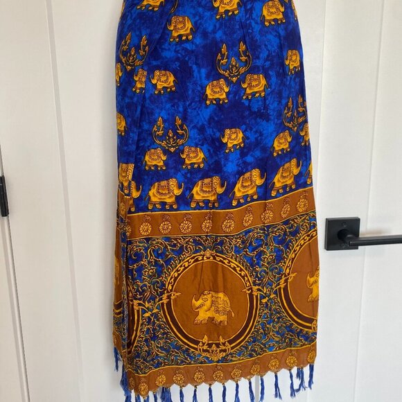 Elephant Print Made in Thailand Blue & Gold Wrap Skirt Midi Skirt Size O/S Large - Picture 1 of 13